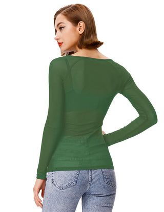 Women's Long Sleeve Scoop Neck See-through T-shirt Tops