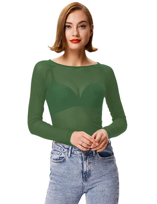 Women's Long Sleeve Scoop Neck See-through T-shirt Tops