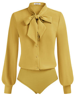 Bow-Knot Decorated Bodysuit Long Sleeve Elastic Waist Shirt