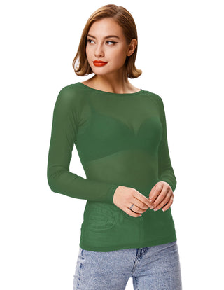 Women's Long Sleeve Scoop Neck See-through T-shirt Tops