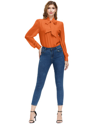 Women Bow-Knot Decorated Shirt Pullover Long Sleeves V-Neck Tops