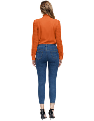 Women Bow-Knot Decorated Shirt Pullover Long Sleeves V-Neck Tops