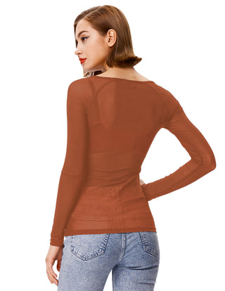 Women's Long Sleeve Scoop Neck See-through T-shirt Tops