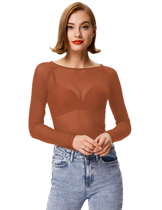 Women's Long Sleeve Scoop Neck See-through T-shirt Tops