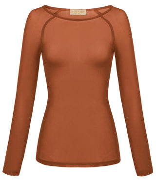 Women's Long Sleeve Scoop Neck See-through T-shirt Tops