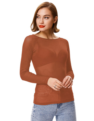 Women's Long Sleeve Scoop Neck See-through T-shirt Tops