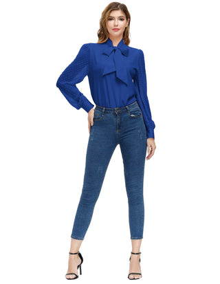 Women Bow-Knot Decorated Shirt Pullover Long Sleeves V-Neck Tops