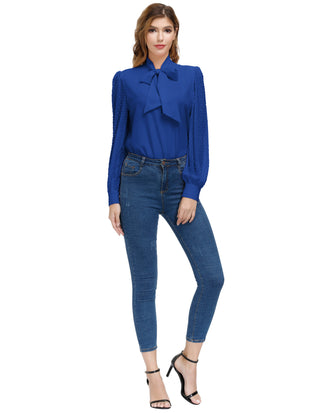 Women Bow-Knot Decorated Shirt Pullover Long Sleeves V-Neck Tops