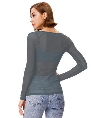 Women's Long Sleeve Scoop Neck See-through T-shirt Tops