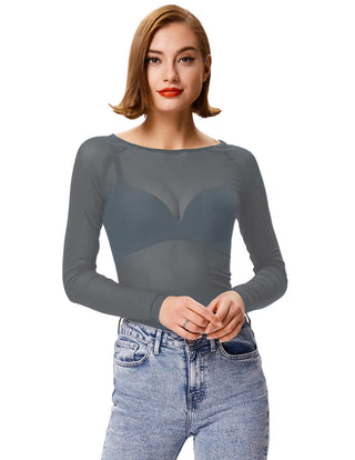 Women's Long Sleeve Scoop Neck See-through T-shirt Tops