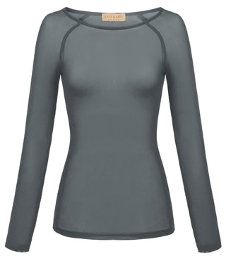 Women's Long Sleeve Scoop Neck See-through T-shirt Tops