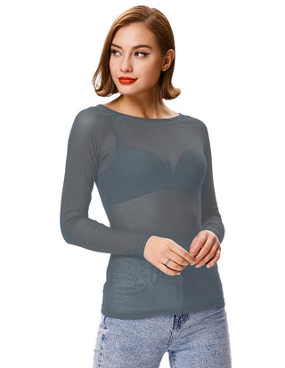 Women's Long Sleeve Scoop Neck See-through T-shirt Tops