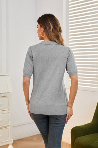 Lapel Collar Sweater Loose Fit Short Sleeve Ribbed Hem Knitted Tops