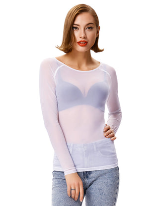 Women's Long Sleeve Scoop Neck See-through T-shirt Tops