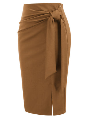 Bow-Knot Decorated Skirt High Waist Side Slit Bodycon Skirt