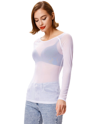 Women's Long Sleeve Scoop Neck See-through T-shirt Tops