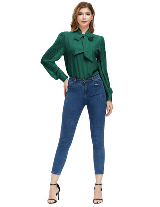 Women Bow-Knot Decorated Shirt Pullover Long Sleeves V-Neck Tops