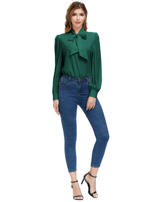 Women Bow-Knot Decorated Shirt Pullover Long Sleeves V-Neck Tops