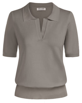 Lapel Collar Sweater Loose Fit Short Sleeve Ribbed Hem Knitted Tops