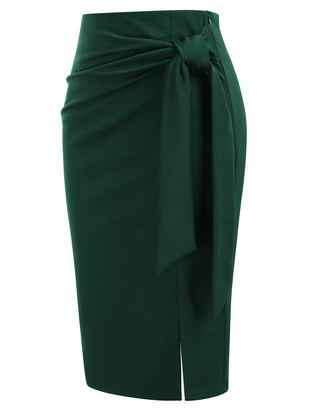 Bow-Knot Decorated Skirt High Waist Side Slit Bodycon Skirt