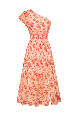 KK Women Elastic Waist Dress Short Sleeve Front Slit Tired A-Line Dress