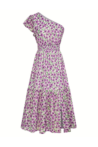 KK Women Elastic Waist Dress Short Sleeve Front Slit Tired A-Line Dress