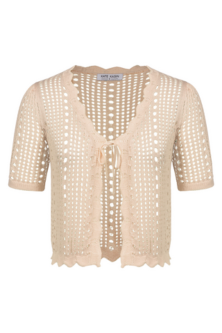 Women Hollowed-out Cardigan Short Sleeve V-Neck Tie-Front Shrug Knitwear