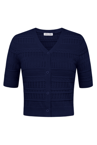 Women Cropped Cardigan Short Sleeve V-Neck Hollowed-out Sweater Knitwear