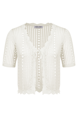 Women Hollowed-out Cardigan Short Sleeve V-Neck Tie-Front Shrug Knitwear