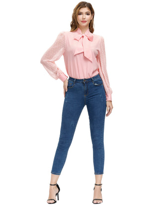 Women Bow-Knot Decorated Shirt Pullover Long Sleeves V-Neck Tops