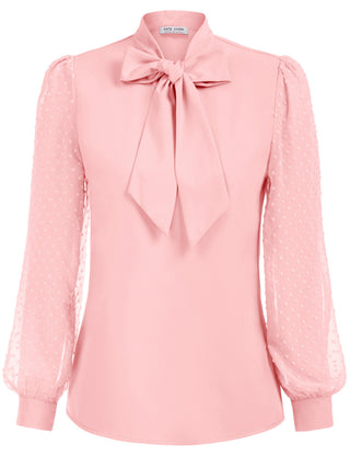 Women Bow-Knot Decorated Shirt Pullover Long Sleeves V-Neck Tops