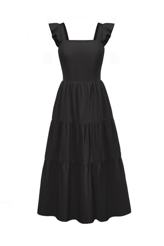 Women Tiered Midi Dress Sleeveless Square Neck Hollowed-out Back A-Line Dress