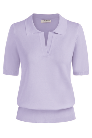 Lapel Collar Sweater Loose Fit Short Sleeve Ribbed Hem Knitted Tops