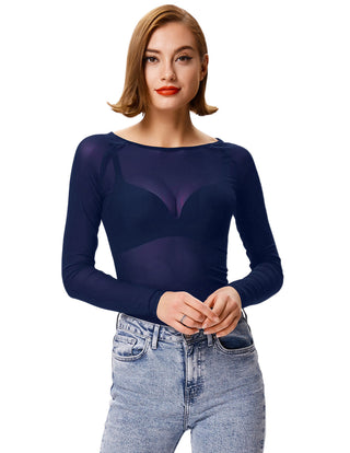 Women's Long Sleeve Scoop Neck See-through T-shirt Tops