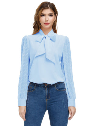 Women Bow-Knot Decorated Shirt Pullover Long Sleeves V-Neck Tops