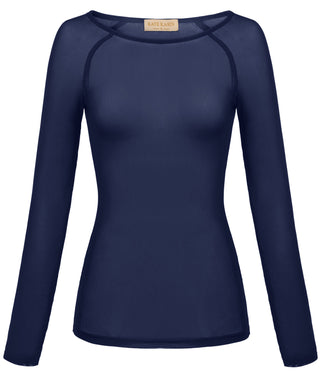 Women's Long Sleeve Scoop Neck See-through T-shirt Tops