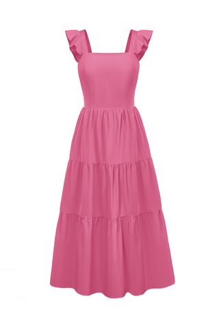 Women Tiered Midi Dress Sleeveless Square Neck Hollowed-out Back A-Line Dress