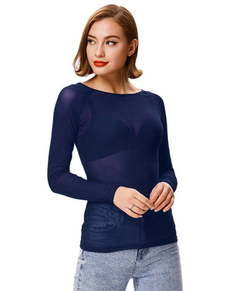 Women's Long Sleeve Scoop Neck See-through T-shirt Tops