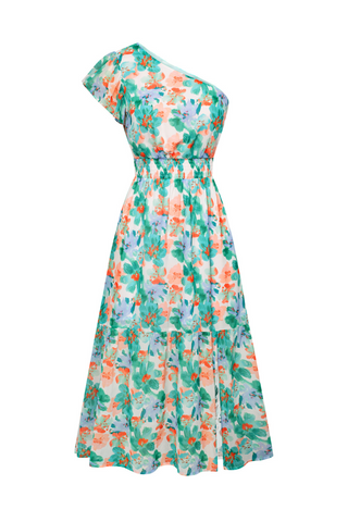 KK Women Elastic Waist Dress Short Sleeve Front Slit Tired A-Line Dress