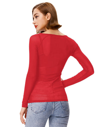 Women's Long Sleeve Scoop Neck See-through T-shirt Tops