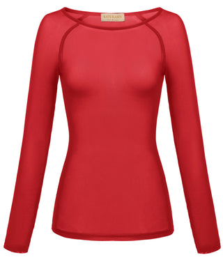 Women's Long Sleeve Scoop Neck See-through T-shirt Tops