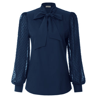 Women Bow-Knot Decorated Shirt Pullover Long Sleeves V-Neck Tops