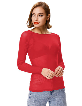 Women's Long Sleeve Scoop Neck See-through T-shirt Tops