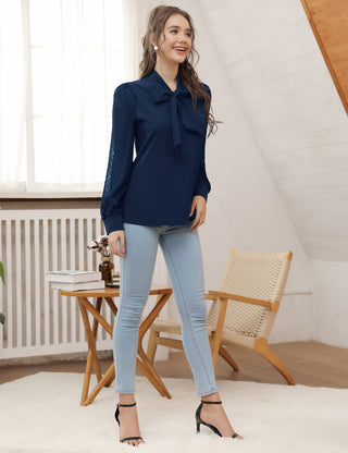 Women Bow-Knot Decorated Shirt Pullover Long Sleeves V-Neck Tops
