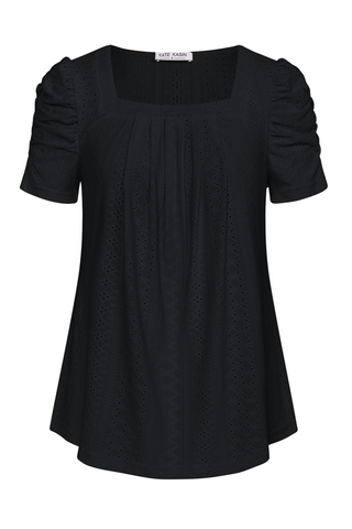 Women Hollowed-out Tops Casual Short Sleeve Square Neck Pullover Tops