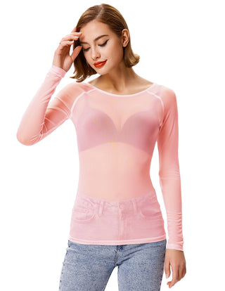 Women's Long Sleeve Scoop Neck See-through T-shirt Tops