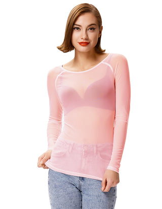 Women's Long Sleeve Scoop Neck See-through T-shirt Tops