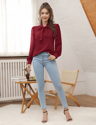 Women Bow-Knot Decorated Shirt Pullover Long Sleeves V-Neck Tops