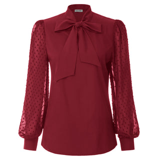 Women Bow-Knot Decorated Shirt Pullover Long Sleeves V-Neck Tops