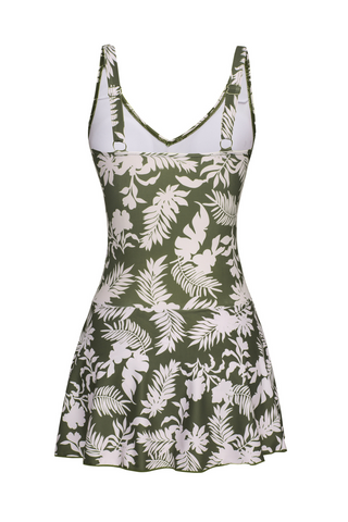 Women V-Neck Swim Dress with Attached Briefs Ruched Padded Swimwear